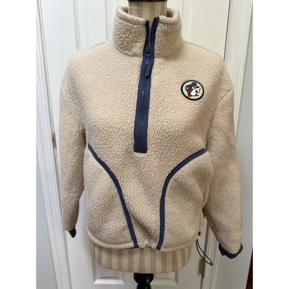 Buc-ee's Cream Sherpa Fleece Quarter Zip Pullover Women's Small Navy Trim